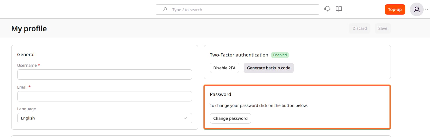 My profile page with the Password section highlighted