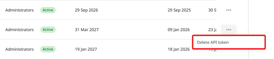 API tokens list with the three-dot menu open and Delete API token highlighted