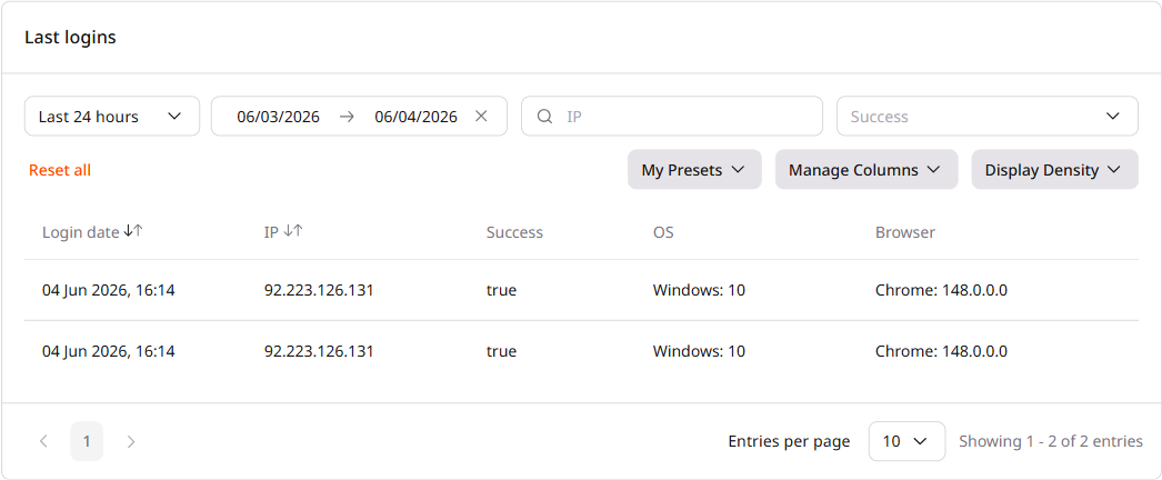 Last logins section showing filters, toolbar, and login history table