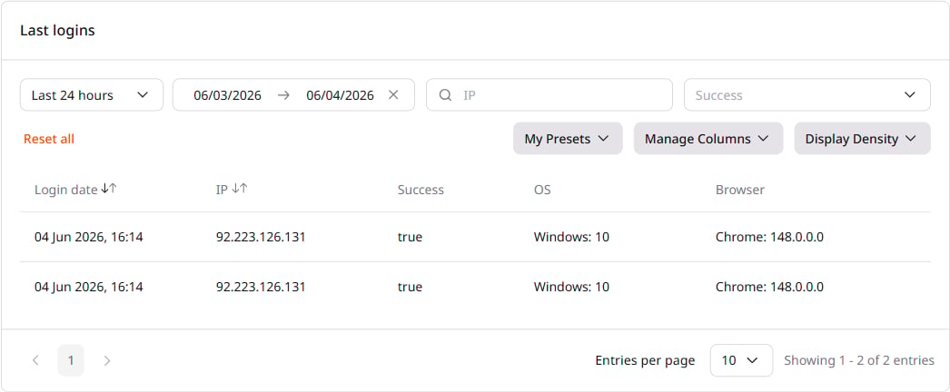 Last logins section showing filters, toolbar, and login history table