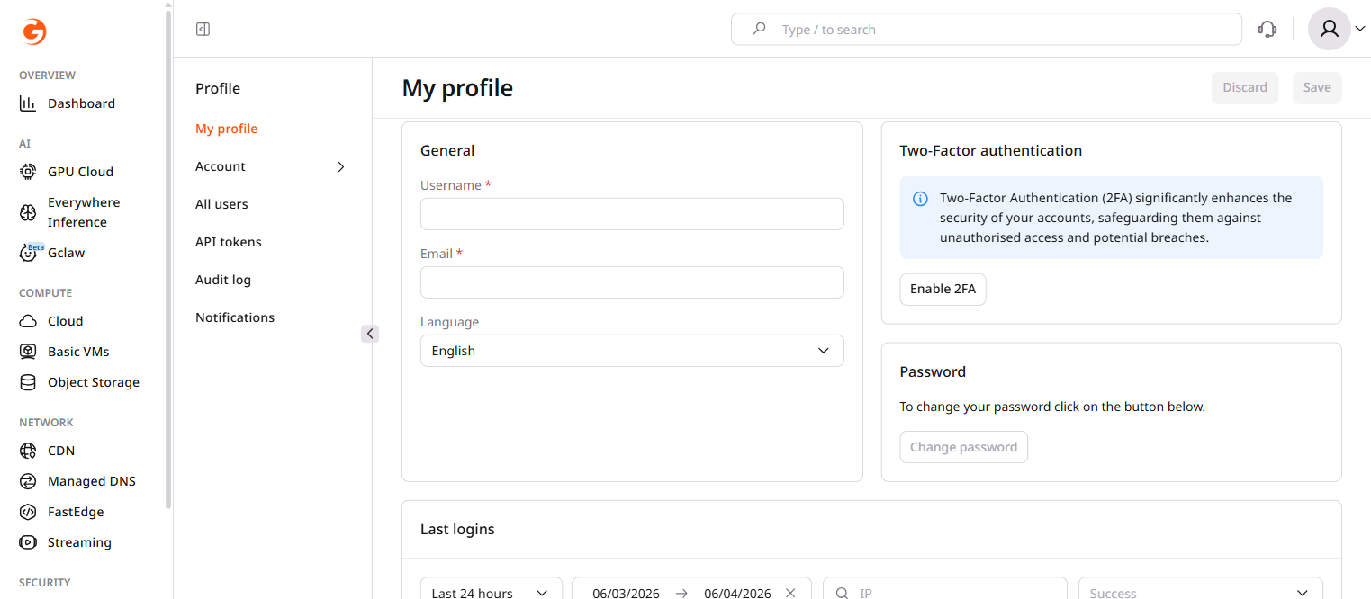 My profile page in the Customer Portal