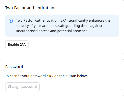 Two-factor authentication and Password sections in My profile