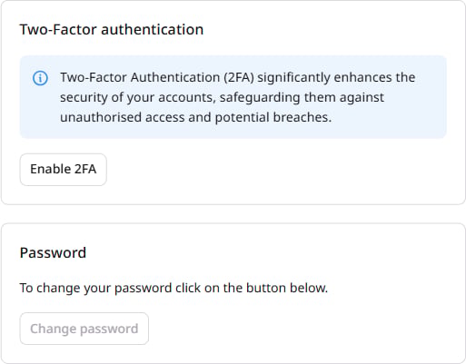 Two-factor authentication and Password sections in My profile