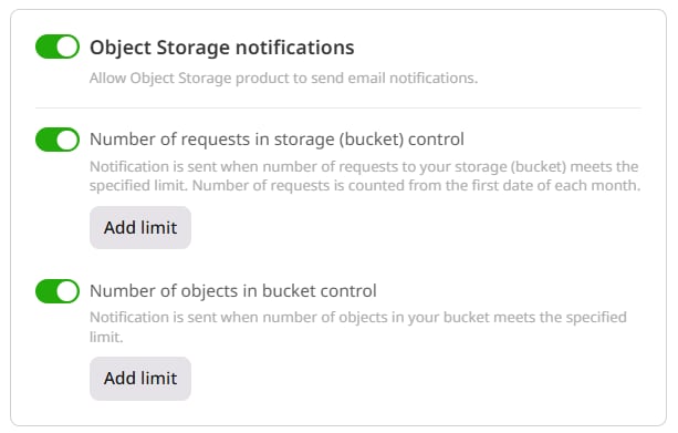 Object Storage notification limits for requests and objects in a bucket