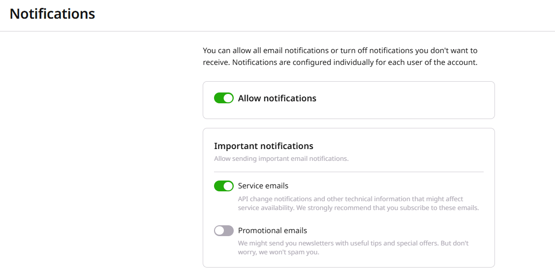 Allow notifications toggle and Important notifications group with Service emails and Promotional emails