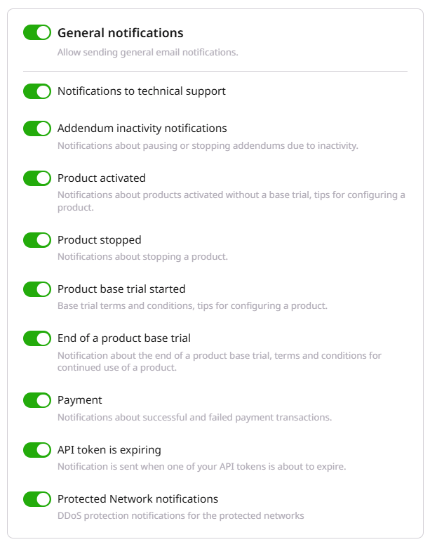 General notifications group with toggles for technical support, product trials, payments, and API token expiration