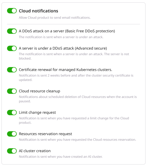 Cloud notifications card with DDoS, Kubernetes certificate, and resource event toggles