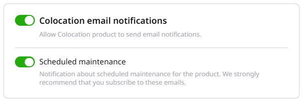 Colocation email notifications card with the scheduled maintenance toggle