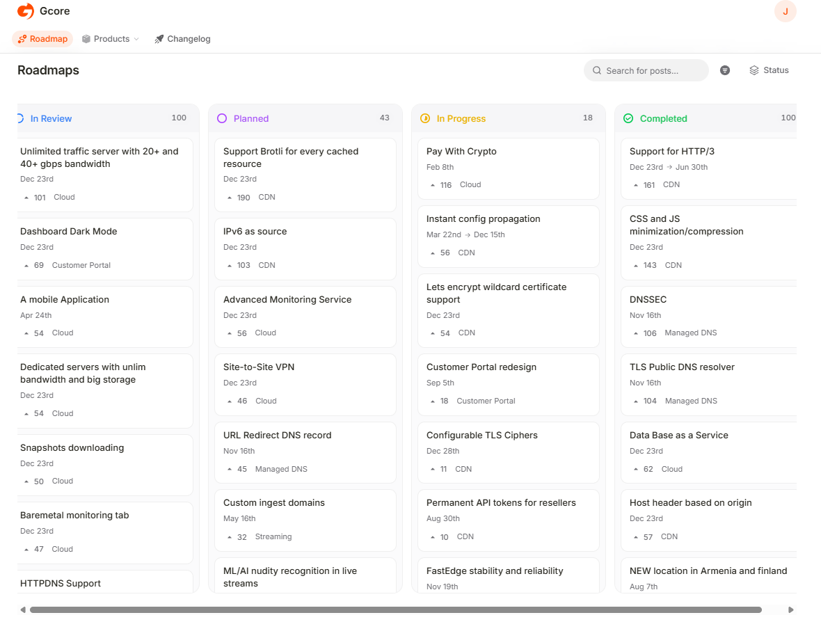 Roadmap page with In Review, Planned, In Progress, and Completed columns
