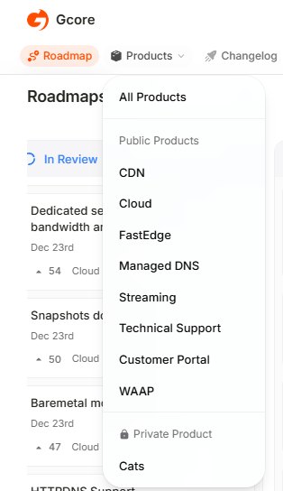 Products menu expanded with the list of boards