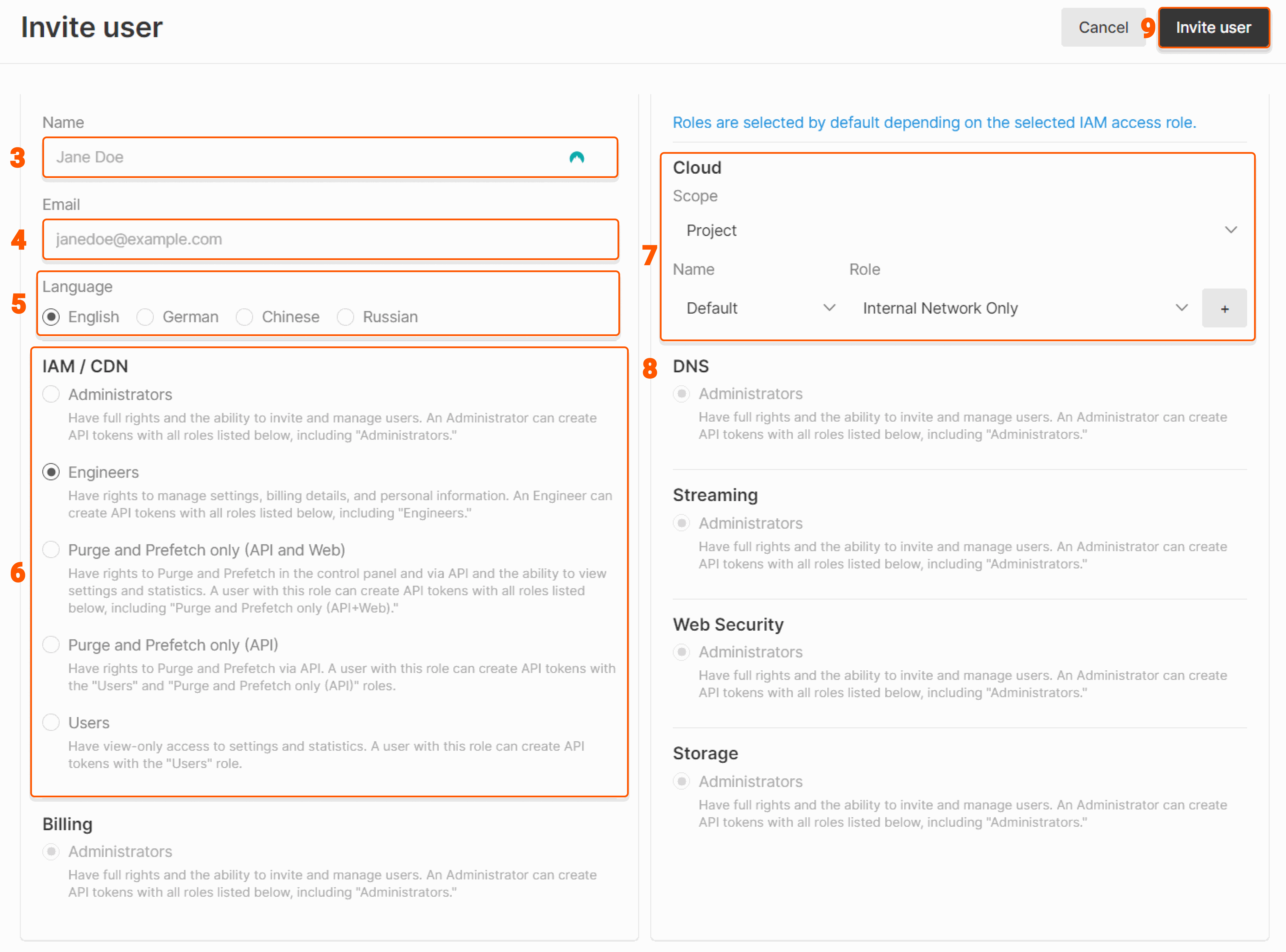 A page where you specify interface language, mail, roles