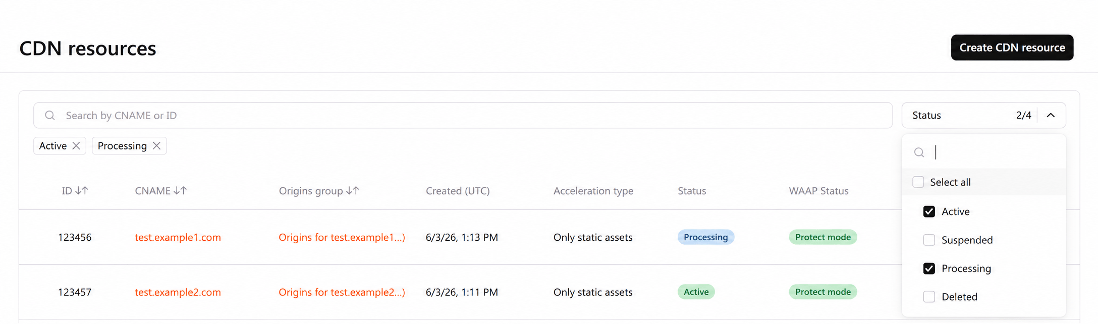 Status filter dropdown showing filter options: Active, Suspended, Processing, and Deleted