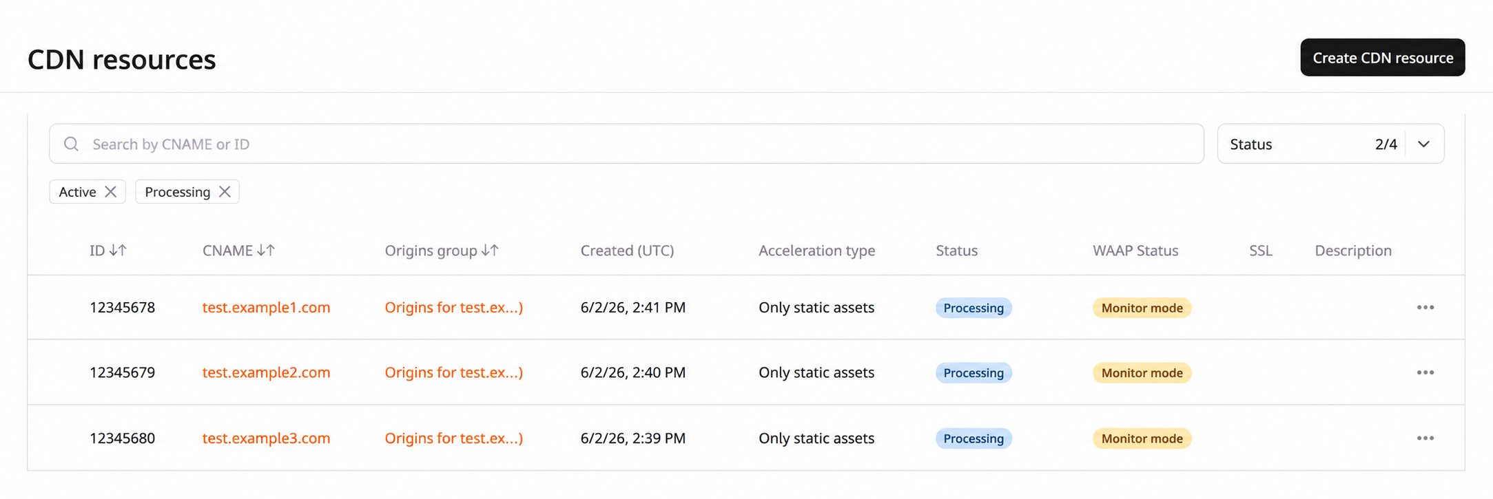 CDN resources page showing the resource list with status filter and search bar