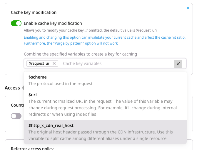 Cache key modification settings