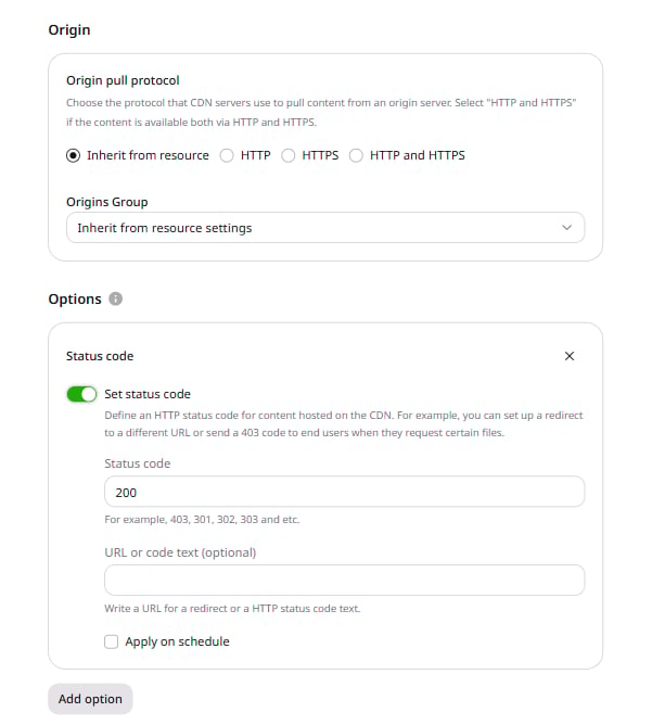 Configure the Set status code option in the rule