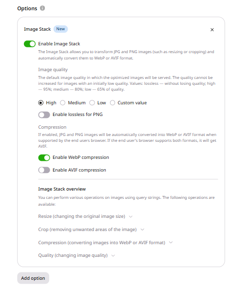 Image Stack settings with Enable WebP compression and Enable AVIF compression checkboxes