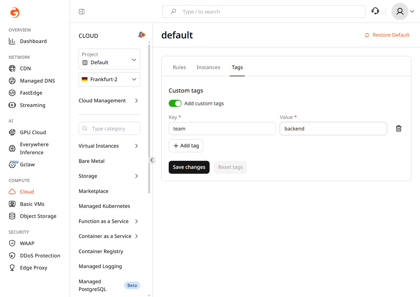 Tags tab on an existing resource showing key-value pair fields