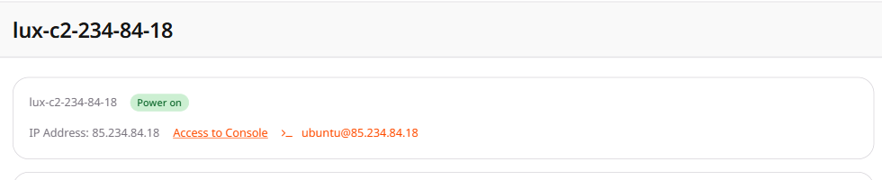 Virtual Instance page with Access to Console and the ubuntu login