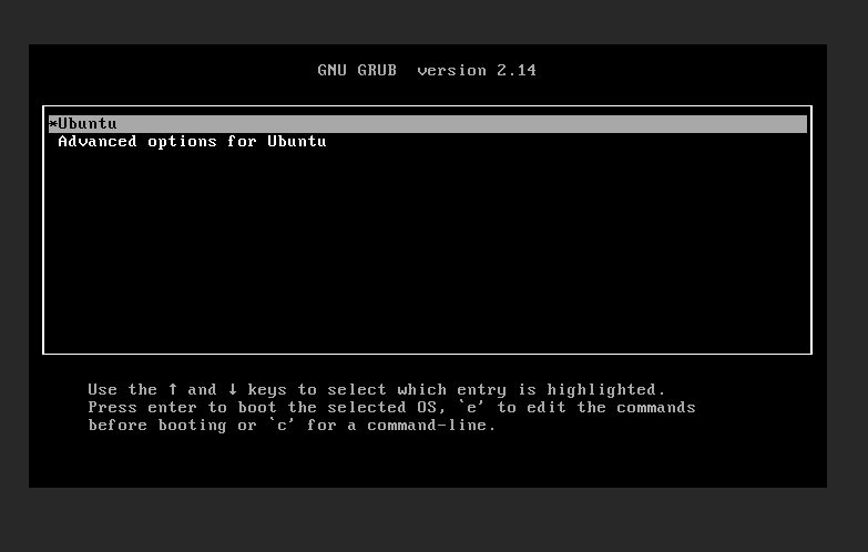 GNU GRUB menu with Ubuntu and Advanced options for Ubuntu