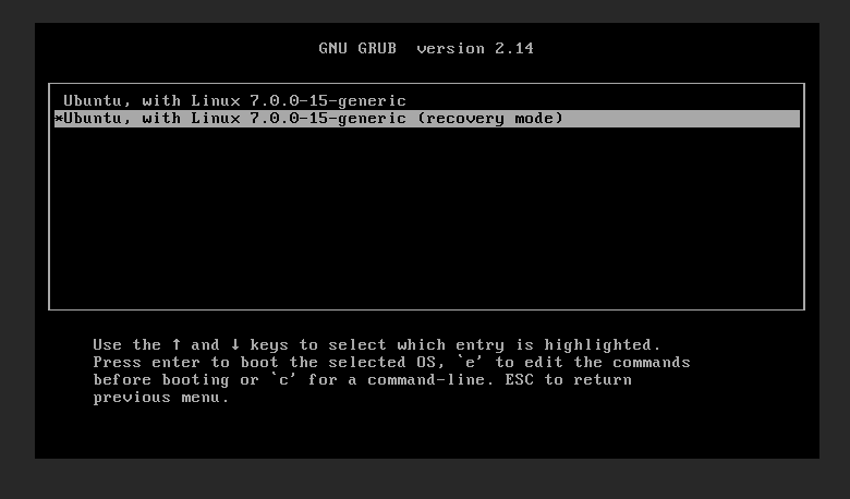 GRUB advanced options with the recovery mode entry highlighted
