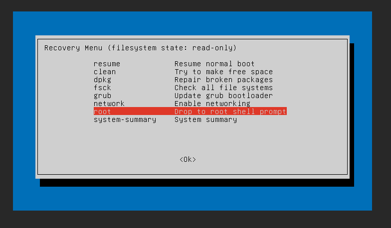 Recovery menu with Drop to root shell prompt highlighted