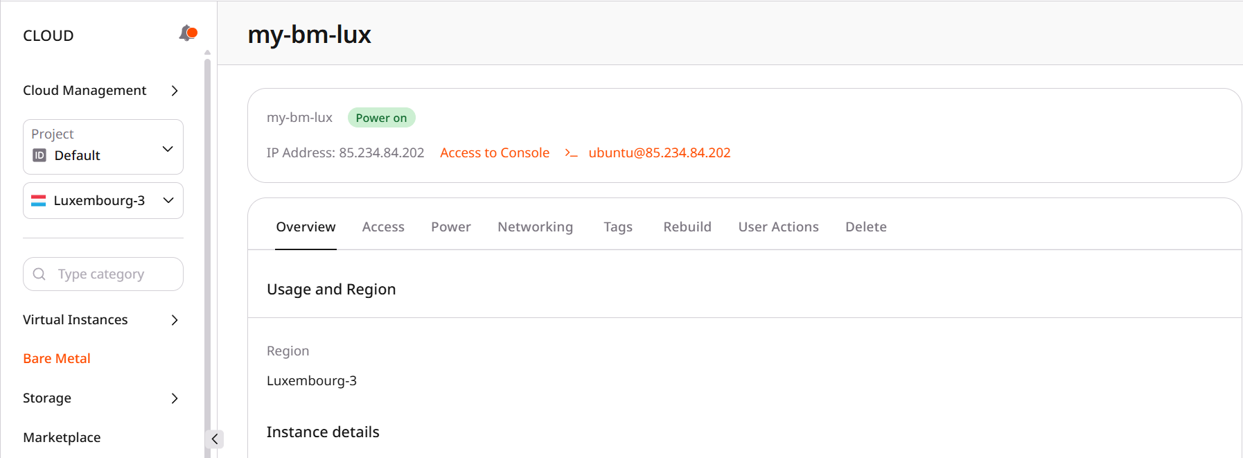 Bare Metal server page with Access to Console beside the IP address