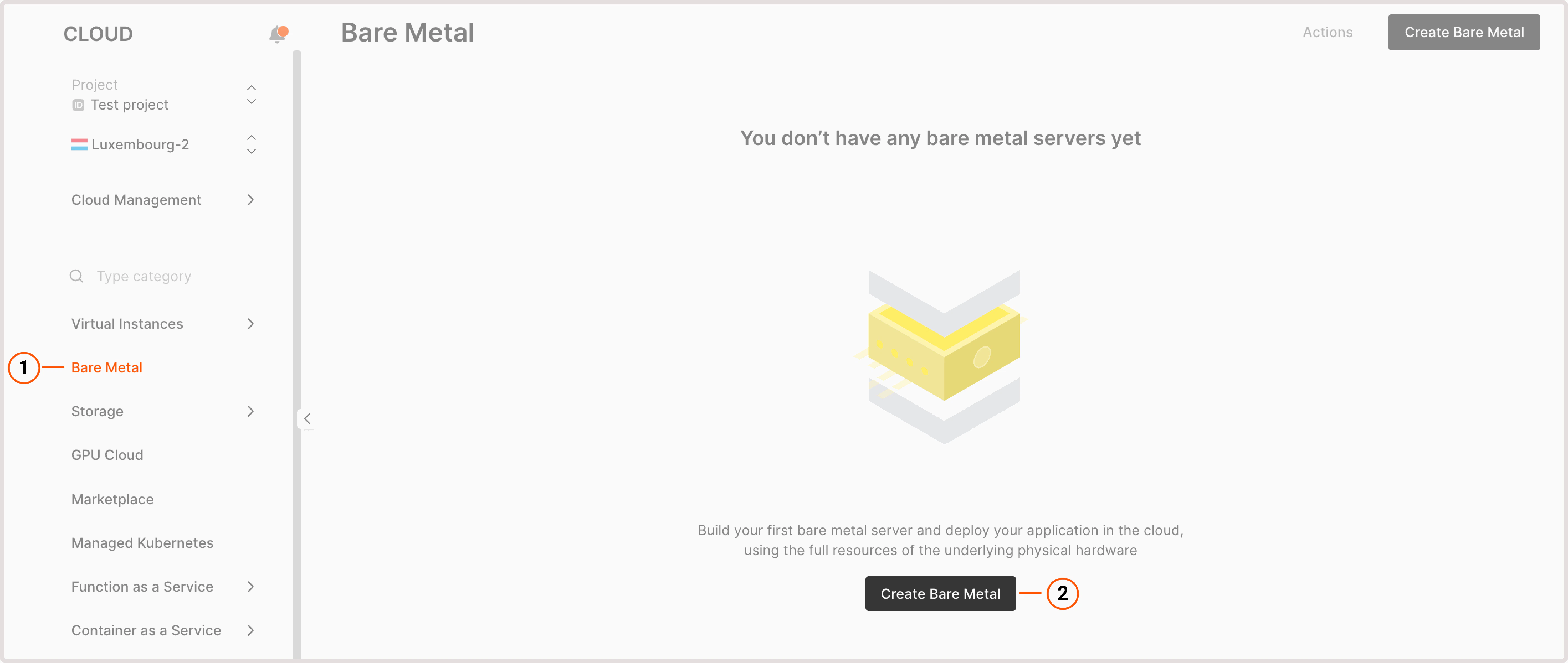 Bare metal page in Gcore Customer Portal