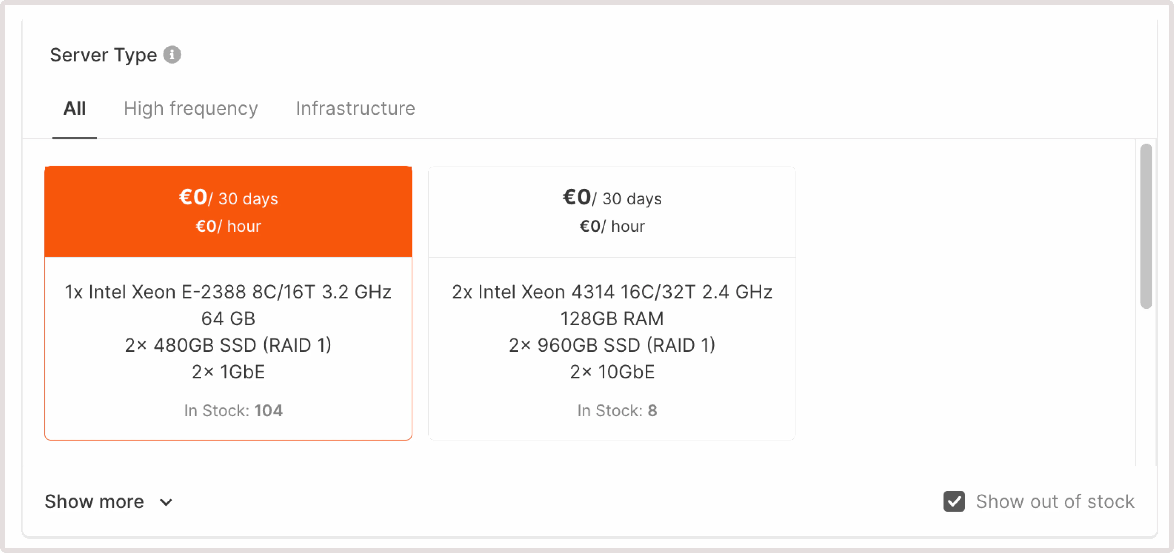 A menu with available server types