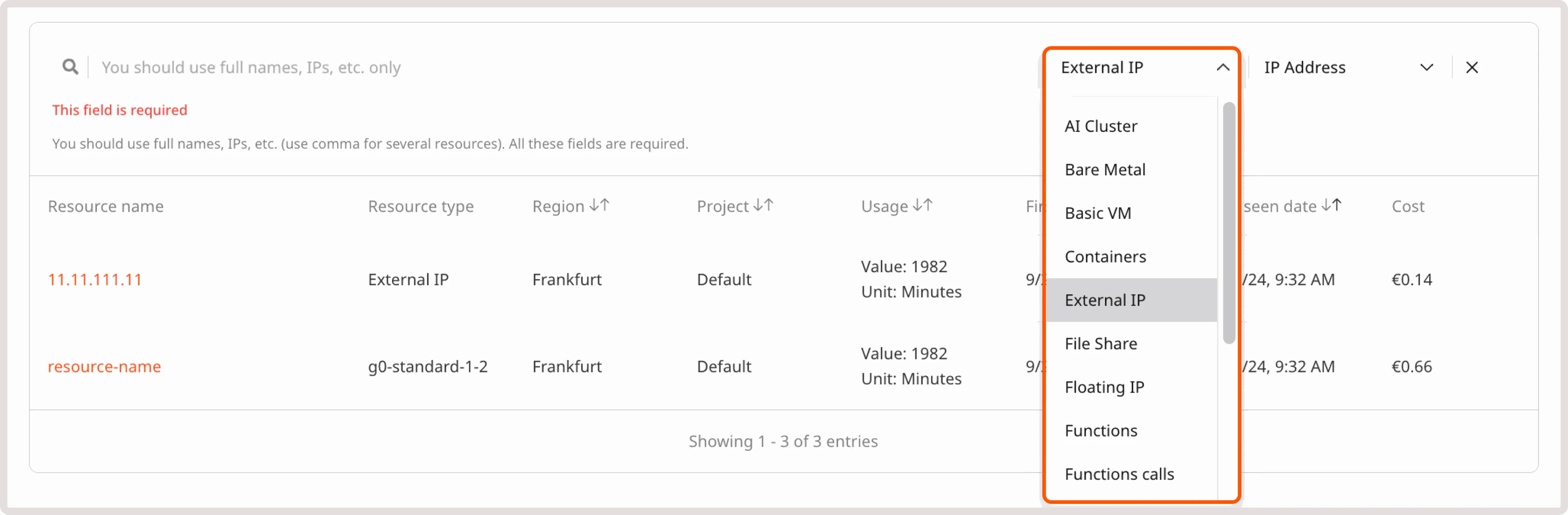 Resource type dropdown with External IP selected