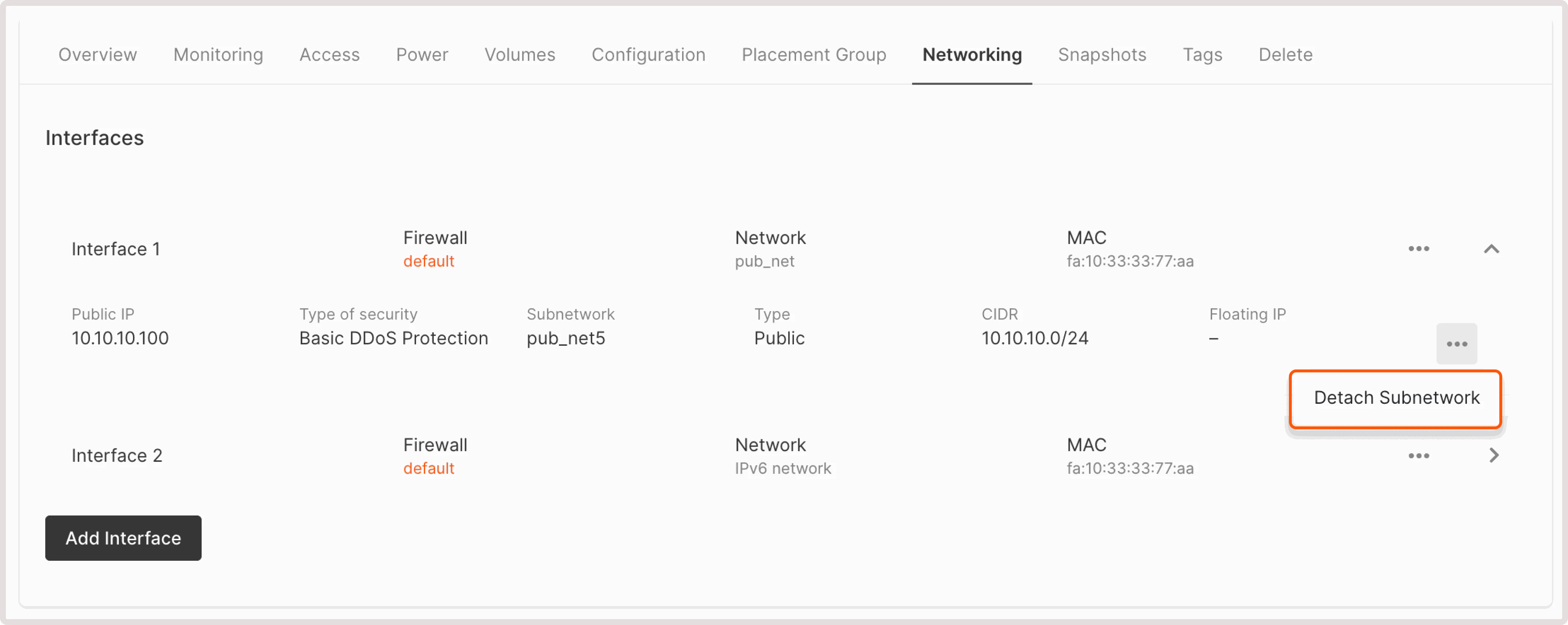 Network settings with the detach subnetwork option