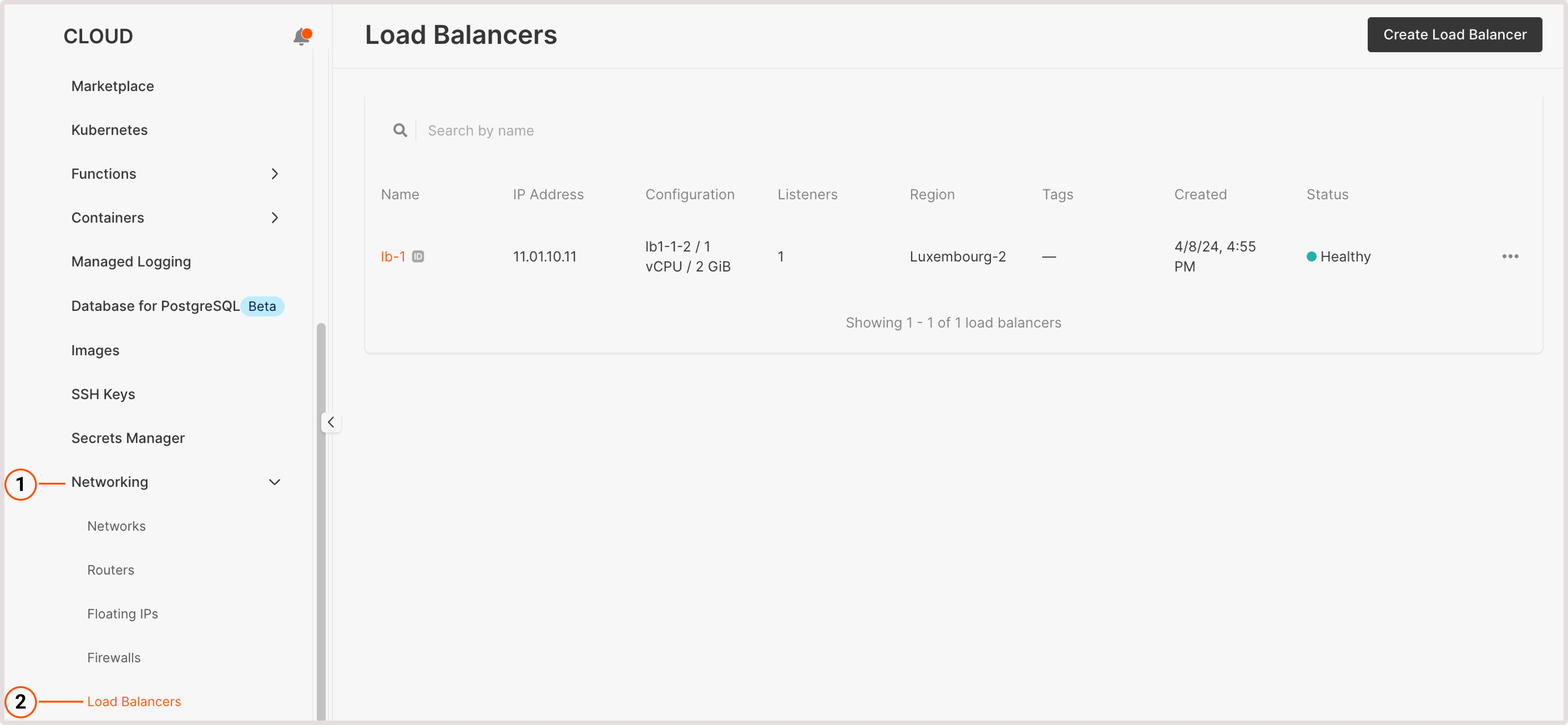Load Balancers page in Customer Portal