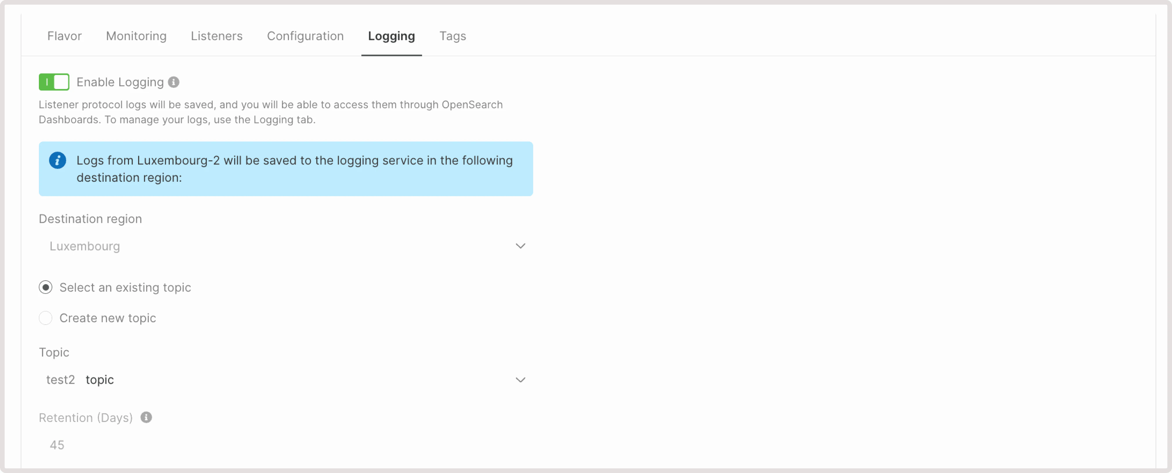 Logging tab settings