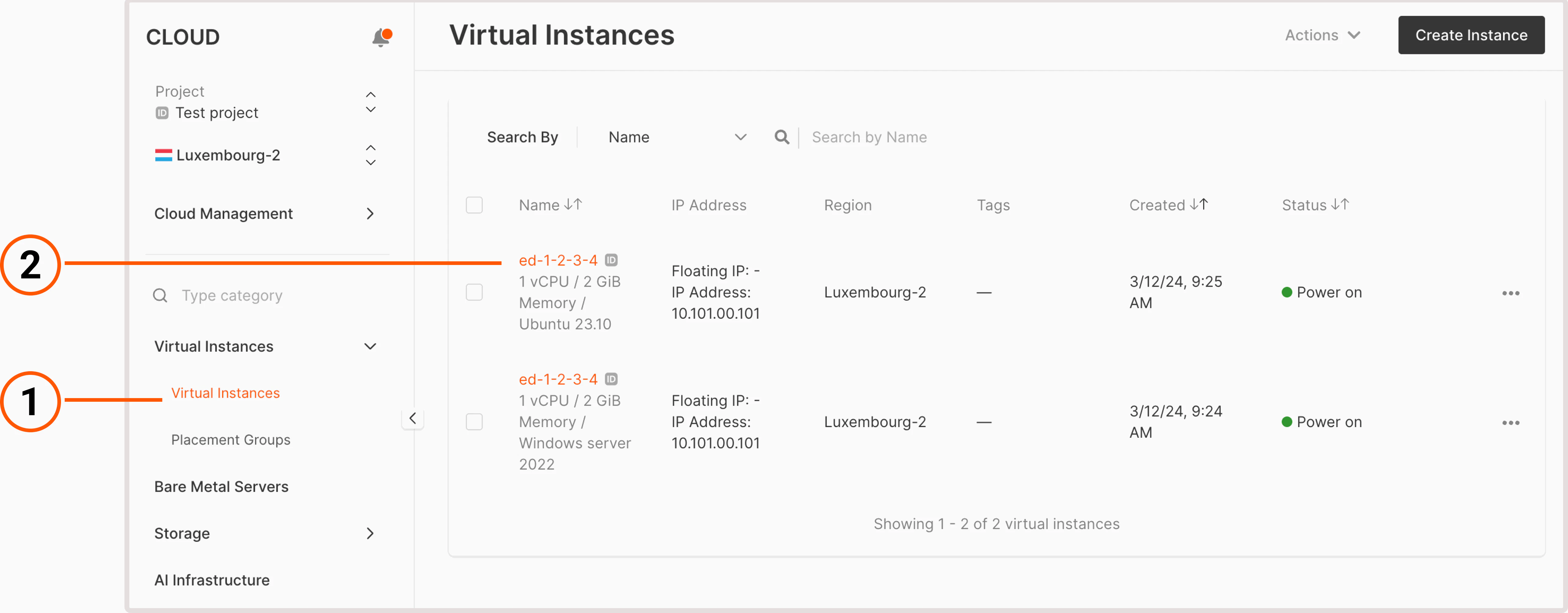 Virtual Machines tab with two created instances