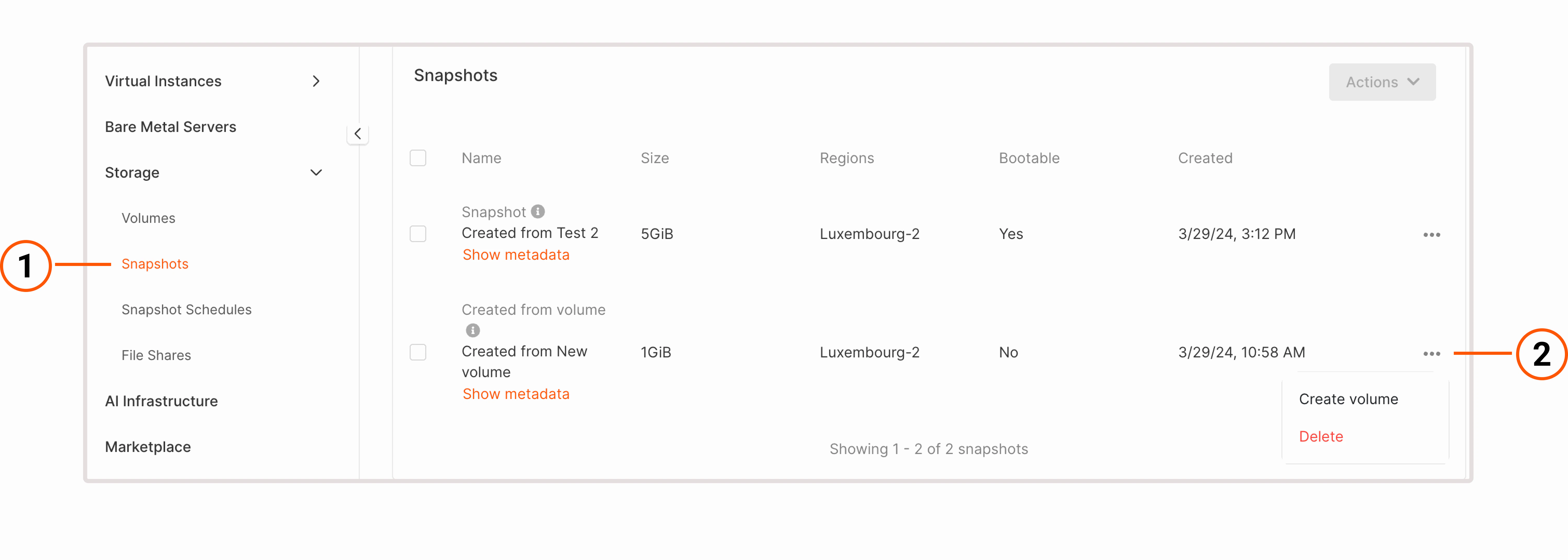 Snapshots tab with expanded settings menu