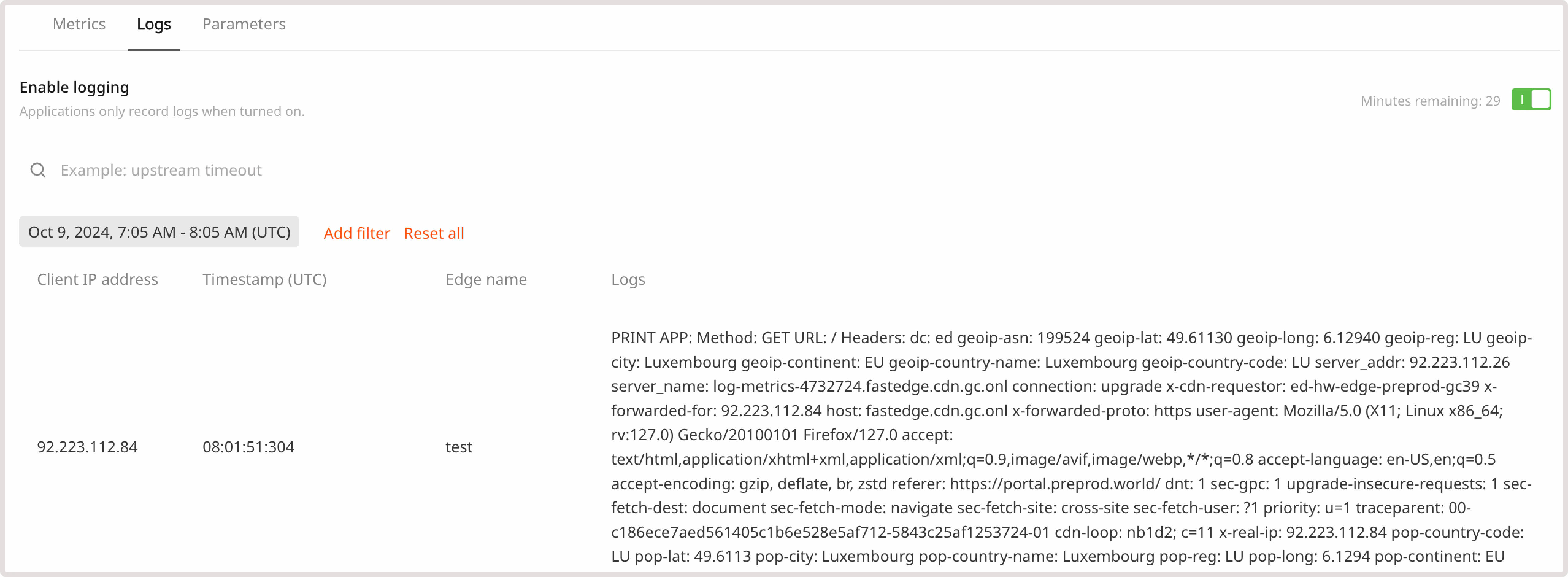 FastEdge appl page with logging tab
open