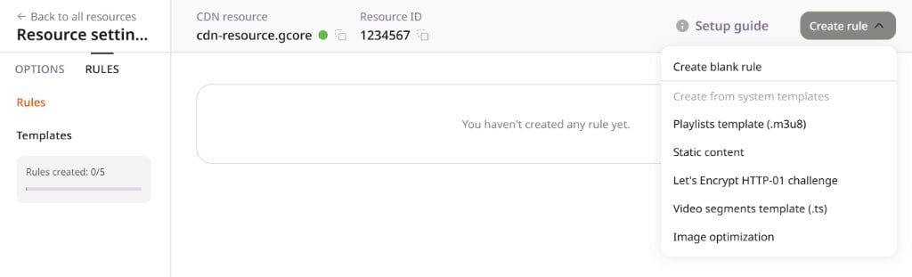Create rule dropdown with the Playlists and Video segments templates