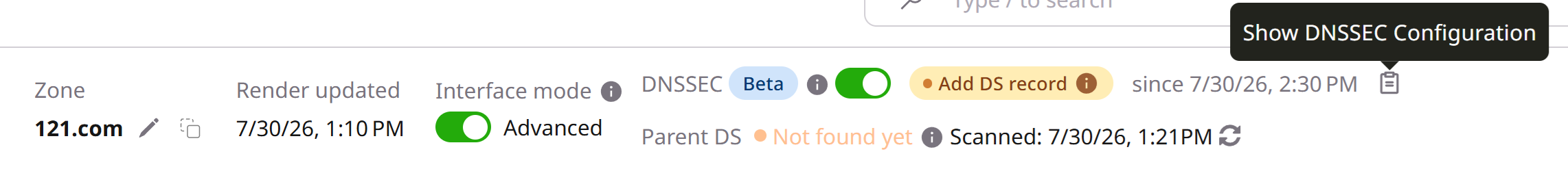 Zone header showing Parent DS Not found yet and the Show DNSSEC Configuration tooltip