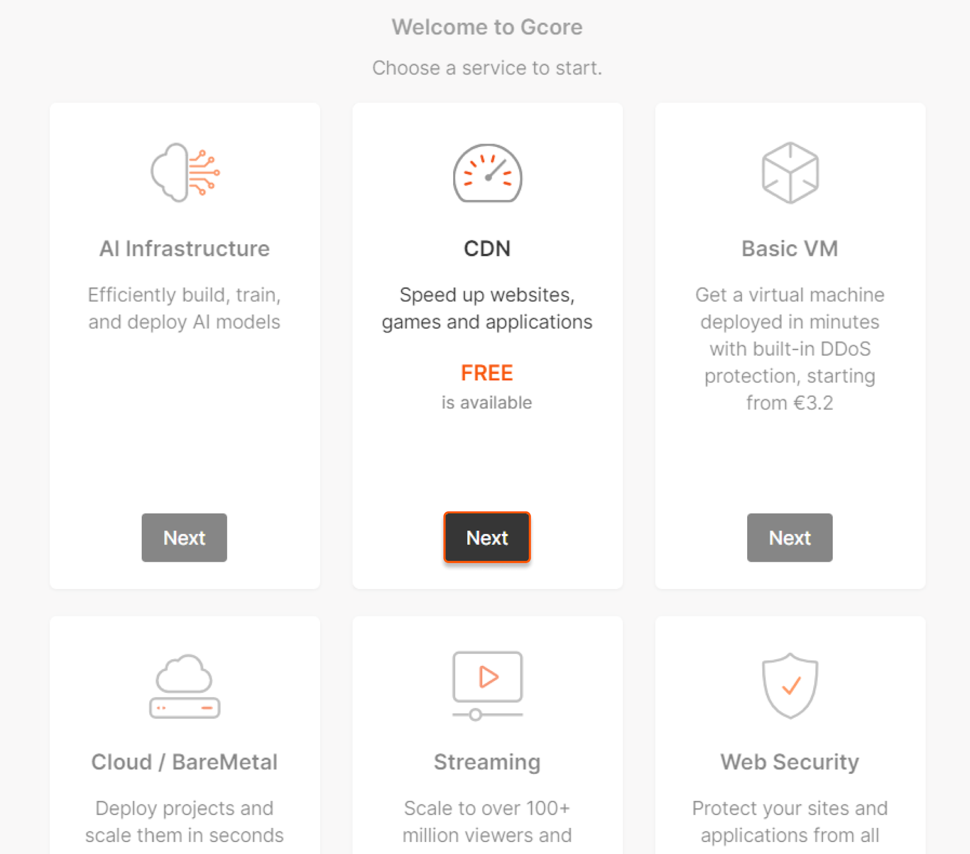 Starting page where you can choose a service to start