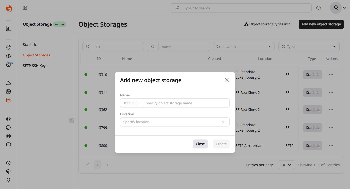 Add new object storage dialog with Name and Location fields