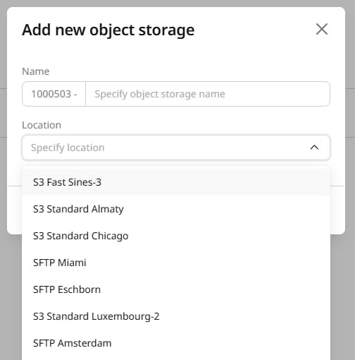 Location dropdown in the Add new object storage dialog showing S3 and SFTP location options