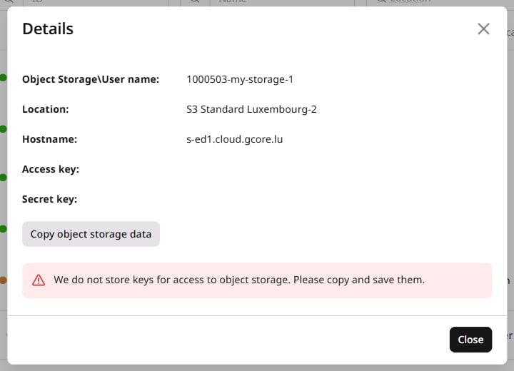 Details dialog showing S3 storage credentials including access key, secret key, and hostname