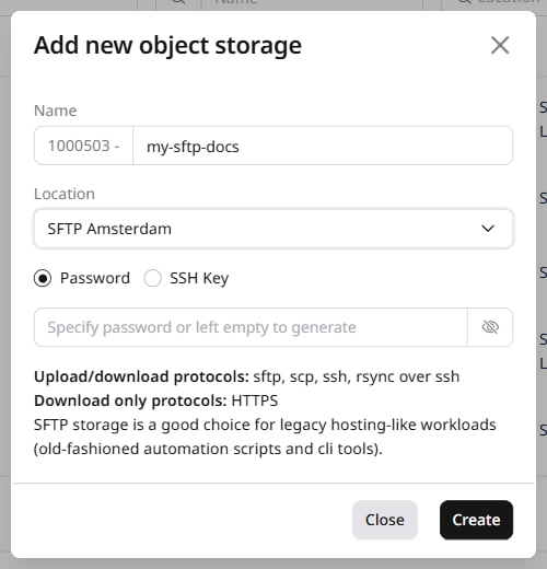 Add new object storage dialog with SFTP Amsterdam location and password authentication fields
