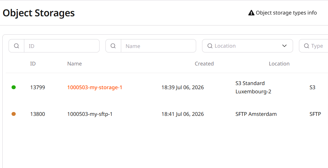 Storage list showing orange and green status circles next to storage entries