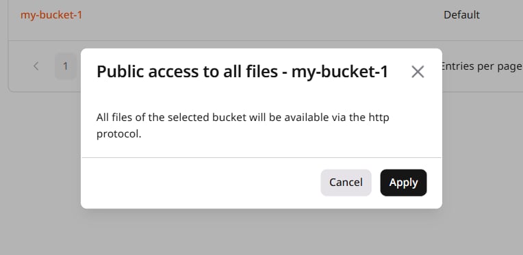 Confirmation dialog for enabling public HTTP access to all files in the bucket