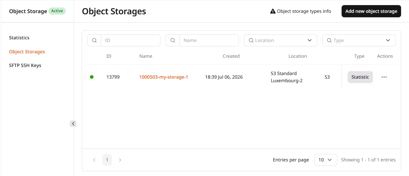 Object Storage list with storage rows