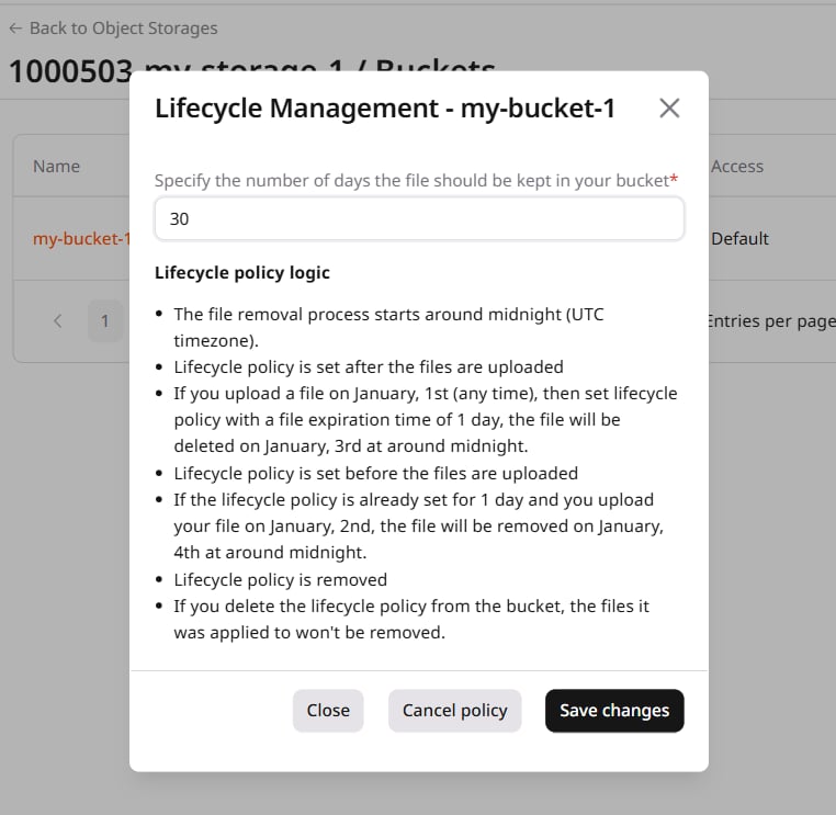 Lifecycle policy configuration dialog