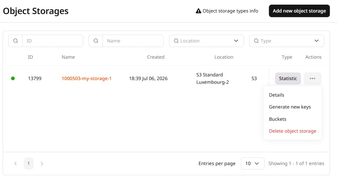 Object storage three-dot menu with the Generate new keys option