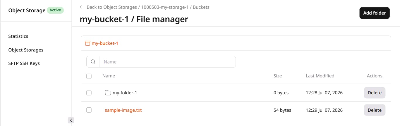 File manager with uploaded file and folder