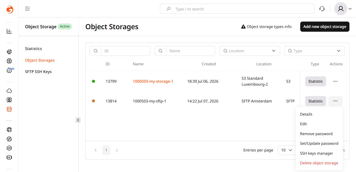 Object Storages list with the three-dot menu open showing SSH keys manager option