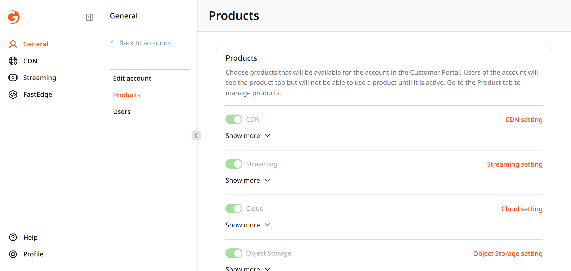 Products page on an account